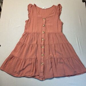 E&M Salmon Pink Dress Texture Front Button, Size M Ruffle Button Front Peach